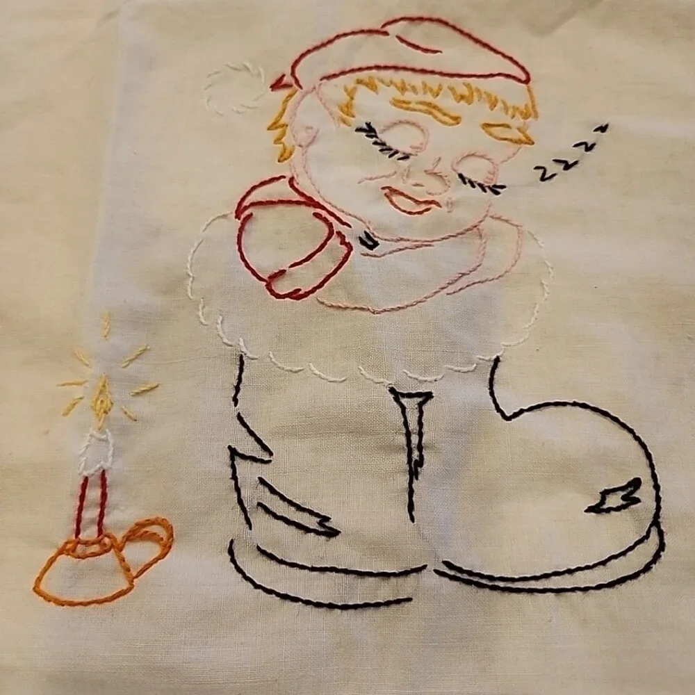 Vintage Cotton Kitchen Towel Embroidered Elf 33x22.5